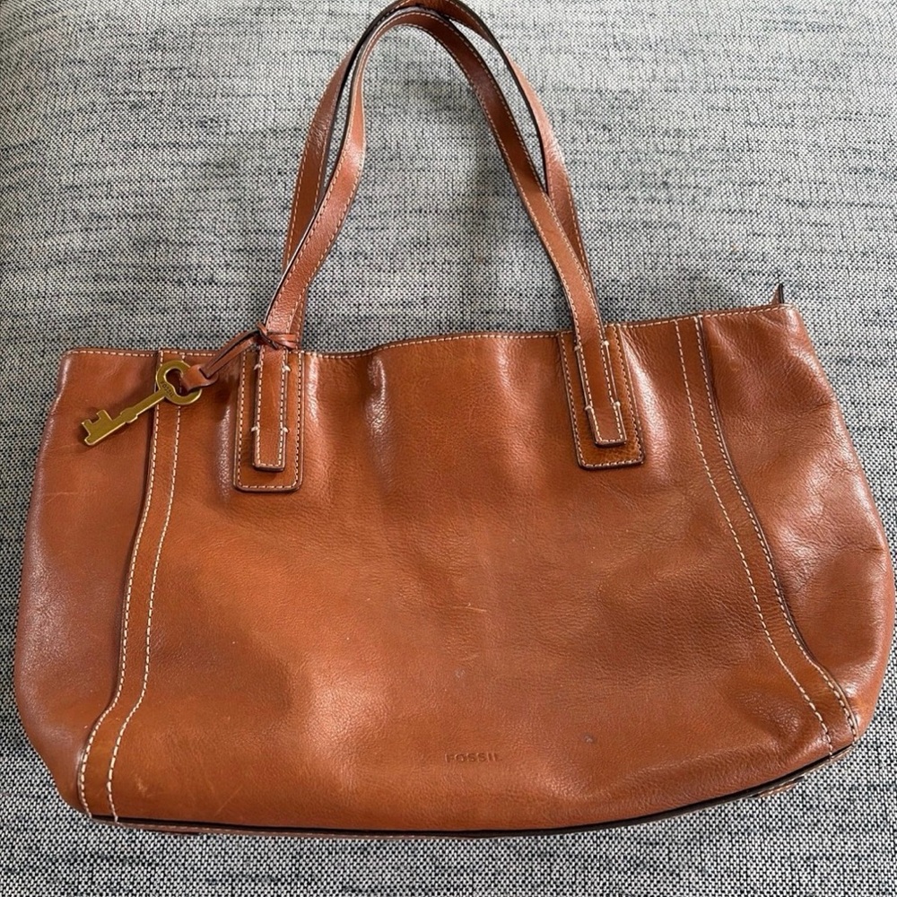 Fossil Leather Tote in Cognac Brown with Gold Key Charm